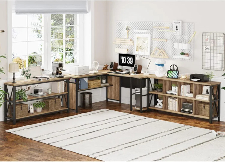 شلف چوبی و فلزی مدرن دو طبقه با 8 باکس – قفسه کتاب افقی