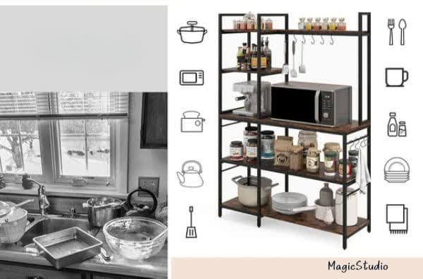 شلف ایستاده آشپزخانه | استند نظمدهنده وسایل آشپزخانه و قهوه بار | شلف چوبی و فلزی آشپزخانه/5 طبقه